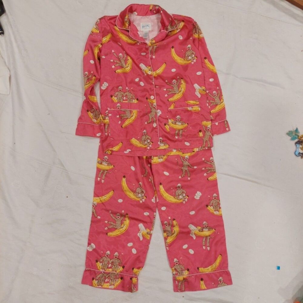 NICK & NORA Girl's PInk Sock Monkey Satin Pajama Size Medium (7-8) EUC